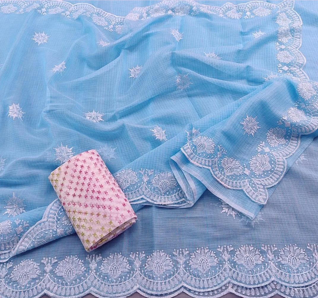 Kota Doria Embrodiery Work Saree With Blouse