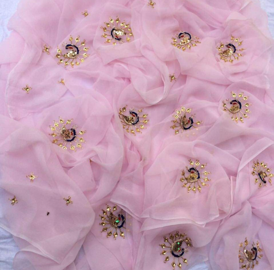 Baby Pink Color Flower motif design pure jaipuri Chiffon Saree